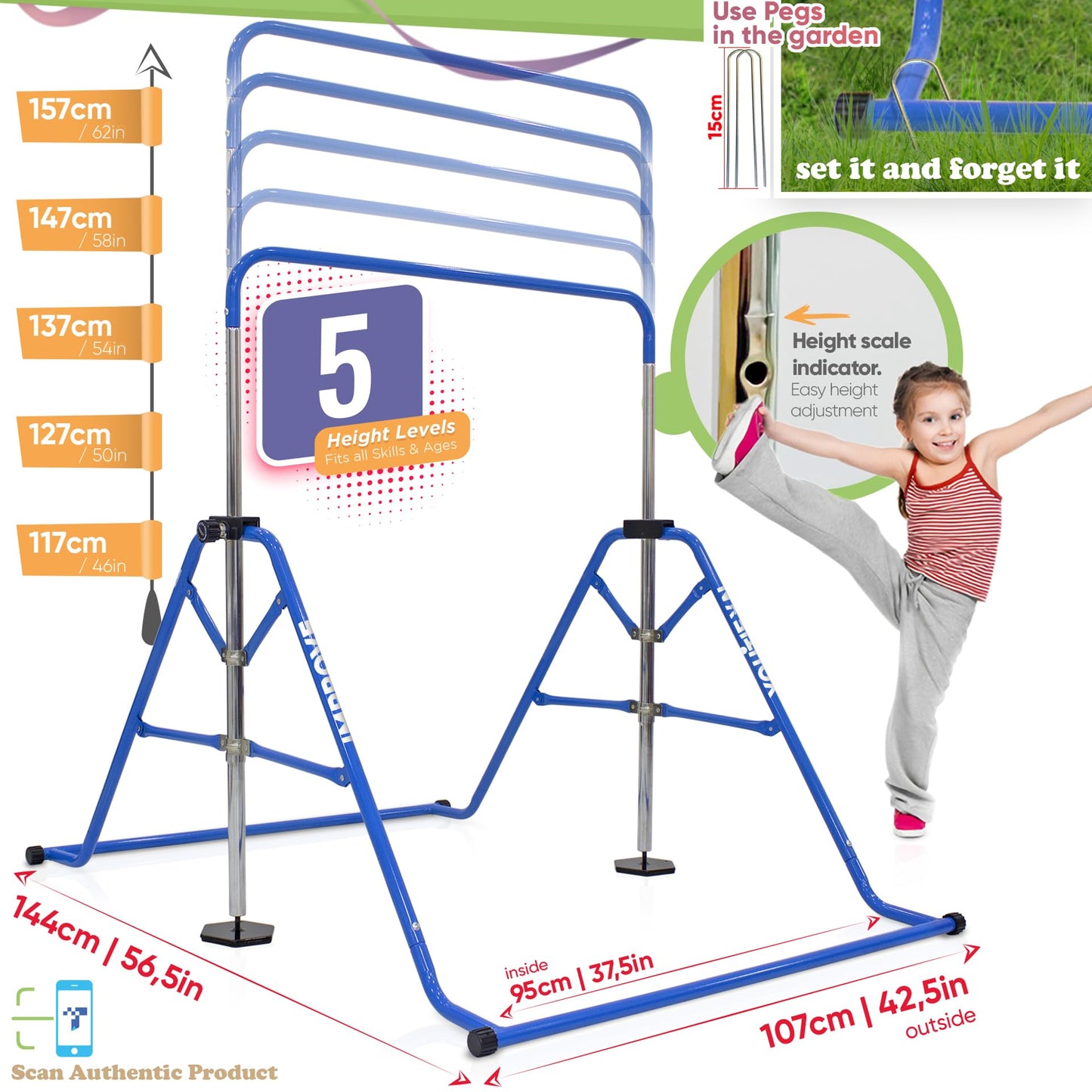 YOUTIFUN Gymnastics Bar, Kids Gym Equipment 5 Level Height Adjustable Pull Up Horizontal Gymnastic Bar, Gymnastics Equipment for Home for Girls & Boys