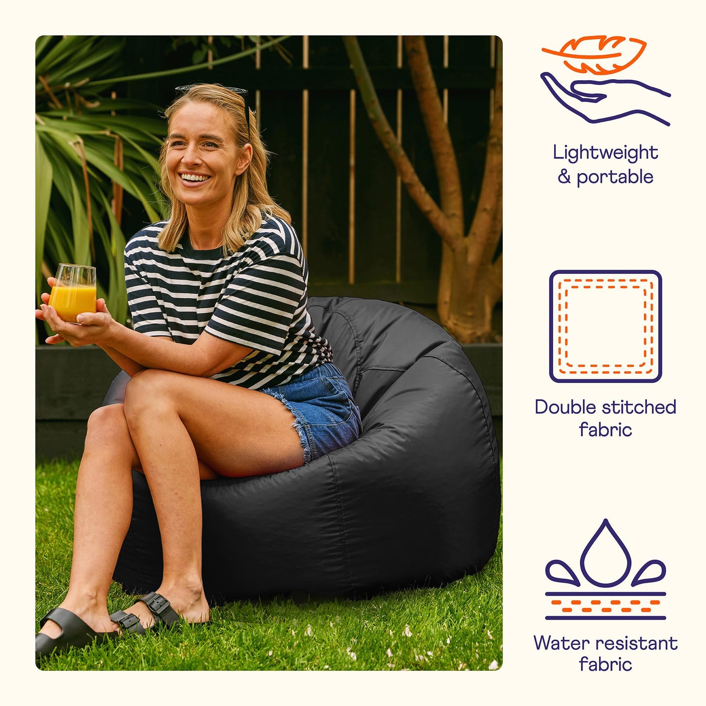 Bean Bag Bazaar Outdoor Bean Bag, Black, Water Resistant Fabric, Large Beanbag with Filling Included, Floor Chair, Garden Chair, Outdoor Seating,