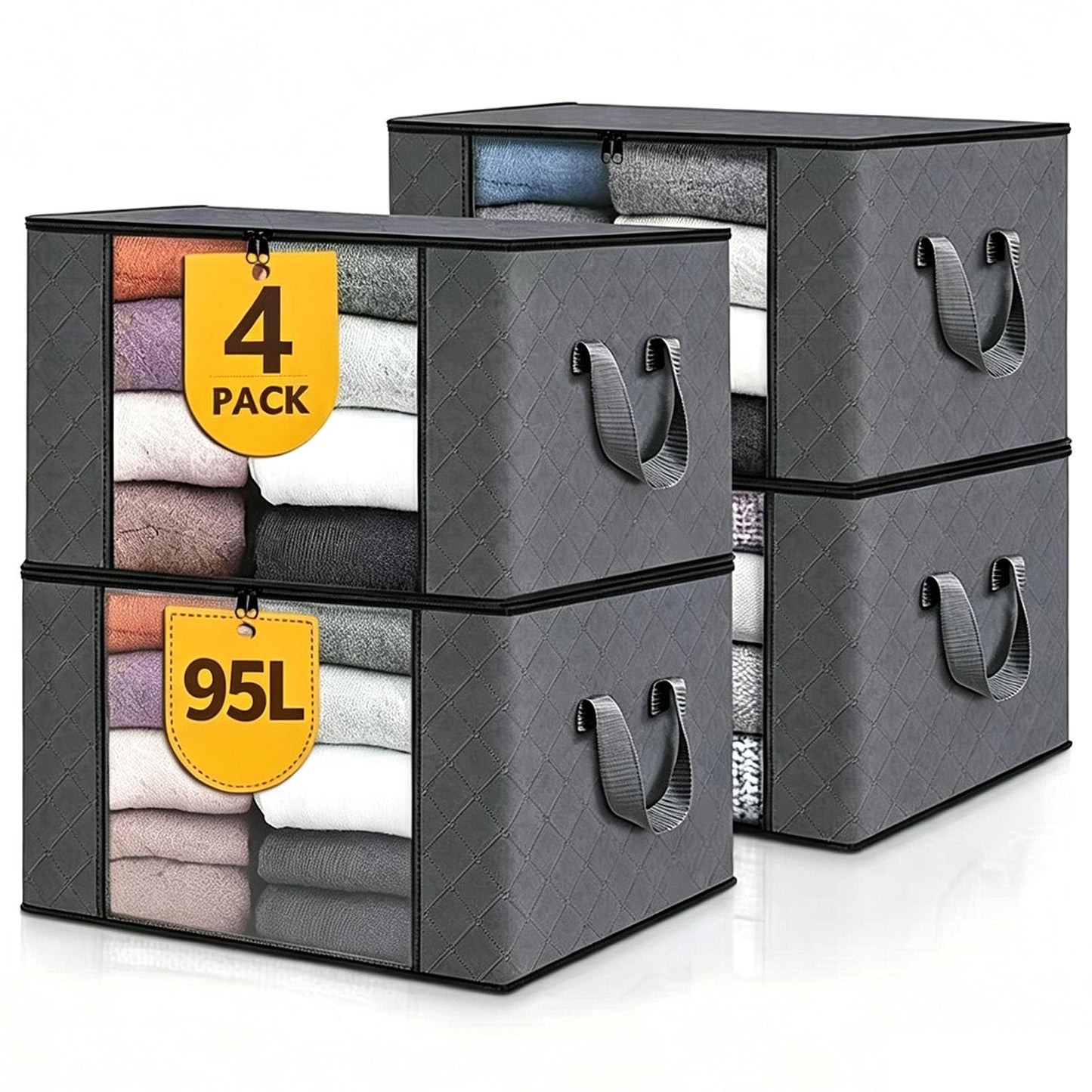 GAYSHI 4Pcs Clothes Storage Bag, 95L Foldable Storage Boxes with Handle, Moving Bags, with Sturdy Zipper and Clear Window, Ideal for Bedding, Duvet