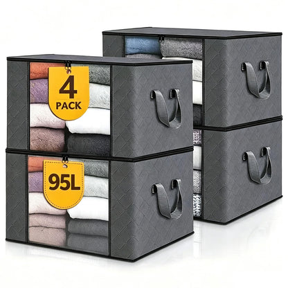 GAYSHI 4Pcs Clothes Storage Bag, 95L Foldable Storage Boxes with Handle, Moving Bags, with Sturdy Zipper and Clear Window, Ideal for Bedding, Duvet