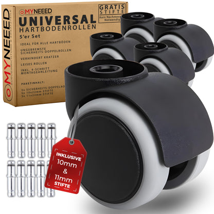 Hard Floor Castor Wheels 10 mm / 11 mm for All Office Chair Brands - Durable Hard Floor Castors without Pin for Laminate Parquet Tiles
