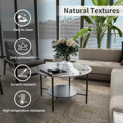Round Coffee Tables Sintered Stone: 2-Tier Circle Coffee Tables 80 cm White Black Textured Marble Table Top with Sturdy Aluminum Frame Couch Center