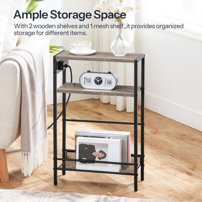 HOOBRO Slim Side Table with Charging Station, Narrow Side Table with USB Ports and Power Outlet, 42 x 18 x 65 cm, 3-Tier End Table for Small Space,