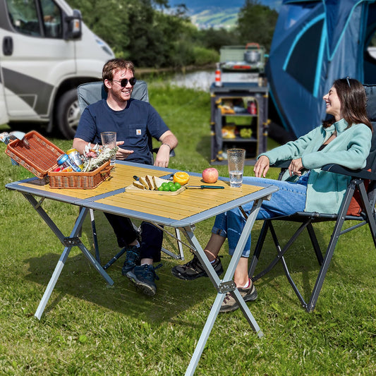 TIMBER RIDGE 110x70cm Folding Camping Table, Aluminium Roll Up Garden Table, Foldable Picnic Table with Slatted Top for 4-6 People, Fold up Table with