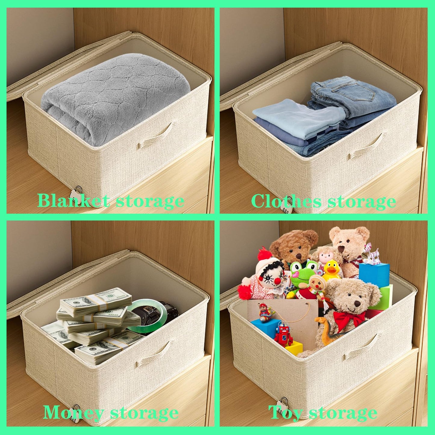 Zamety 2 Pcs Storage Box with Combination Lock, Lockable Storage Box, Fabric Organiser Box with lids, Foldable Storage Boxes for Bedding, Clothes