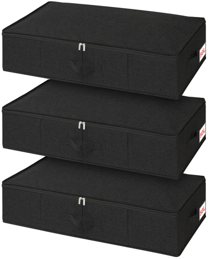 Underbed Storage Box with Lids, 3 Pack Under-Bed Storage with Side & Bottom Support & 3 Handles, Large Foldable Fabric Under Bed Clothes Storage for
