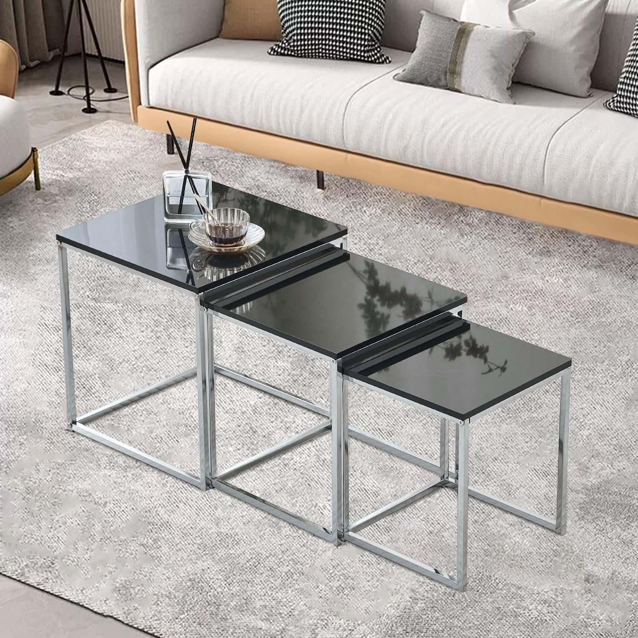 ASPECT Murano Set of 3 Nesting Table Gloss Wooden Tops (Black)