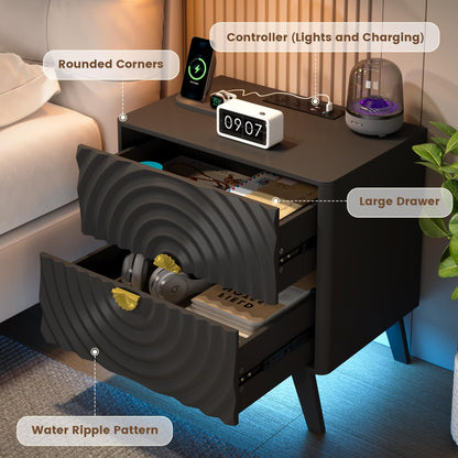 Gurexl Ripple Bedside Tables with 2 Power Outlet,Bedside Cabinet with Human Sensor,LED Nightstand with 3 Color Lights for Bedroom,Living Room,Black