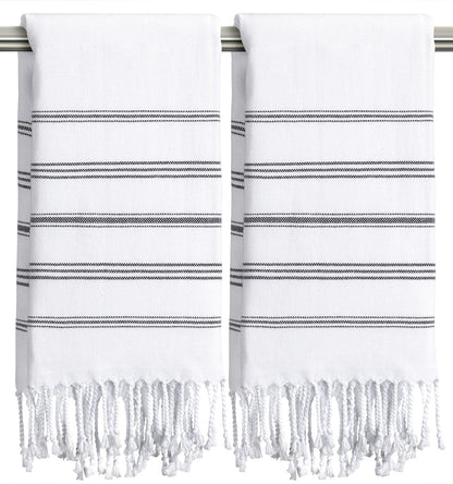 Ouxiaobai Hand Towels for Bathroom - Pack of 2 Turkish Hand Towels Set, Thin Decorative Tea Towel, 20 * 30 Inch Kitchen Cloth with Tassel (White)