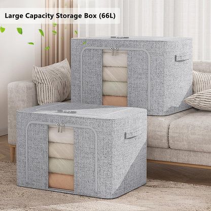 FYTXSZ Clothes Storage Boxes 66L with Metal Frame, Foldable Fabric Storage Bins with Lid and Clear Window