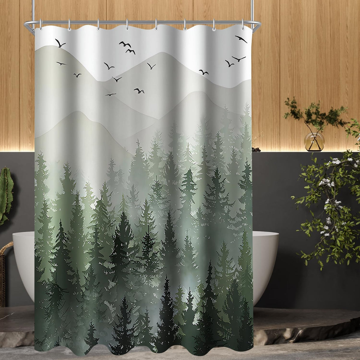 Lerores Shower Curtain, 160 x 160 cm, Forest Anti-Mould Textile, Weighted Hem Water-Repellent
