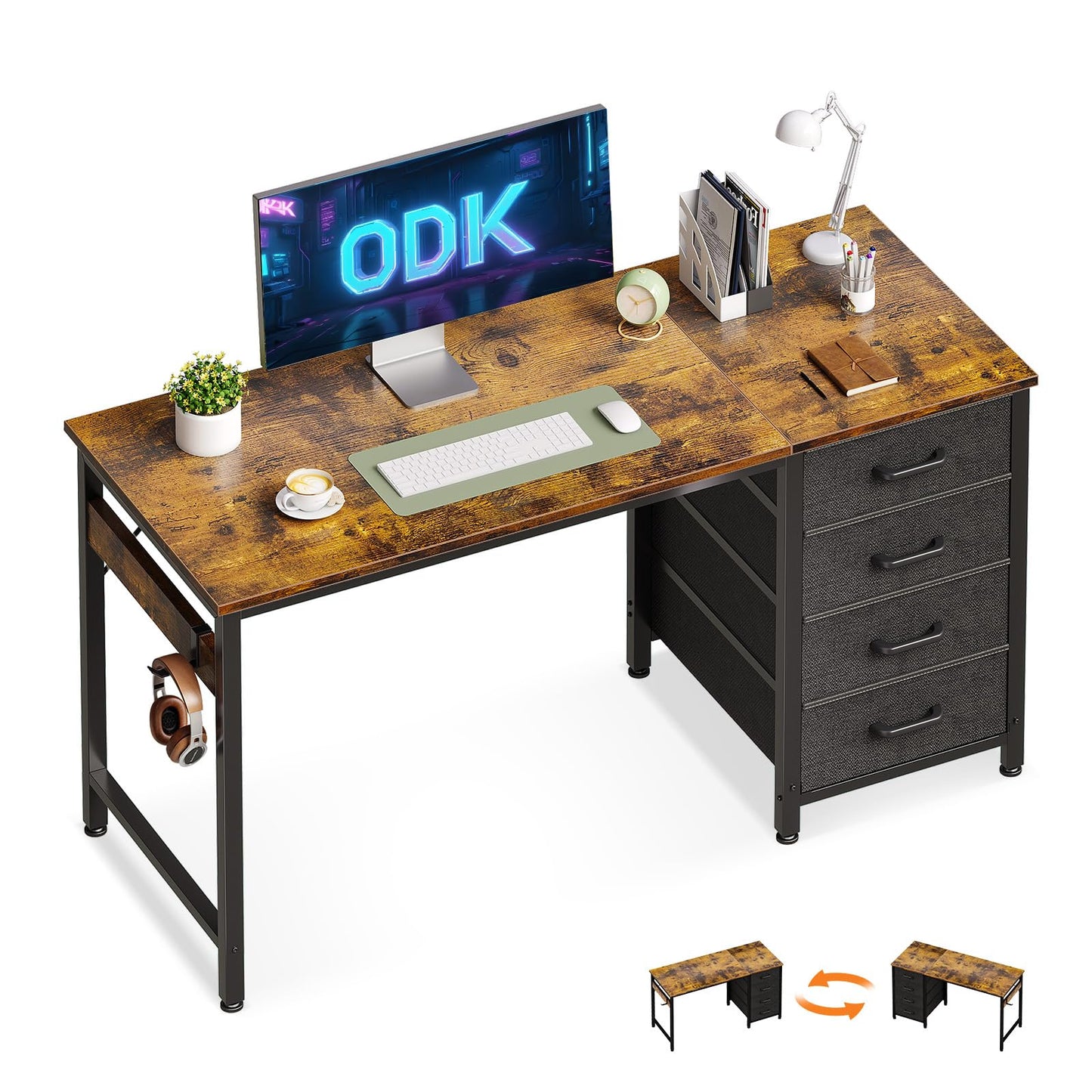 ODK Computer Desk with Drawers, Reversible Office Desk, 120 x 48 cm, Brown