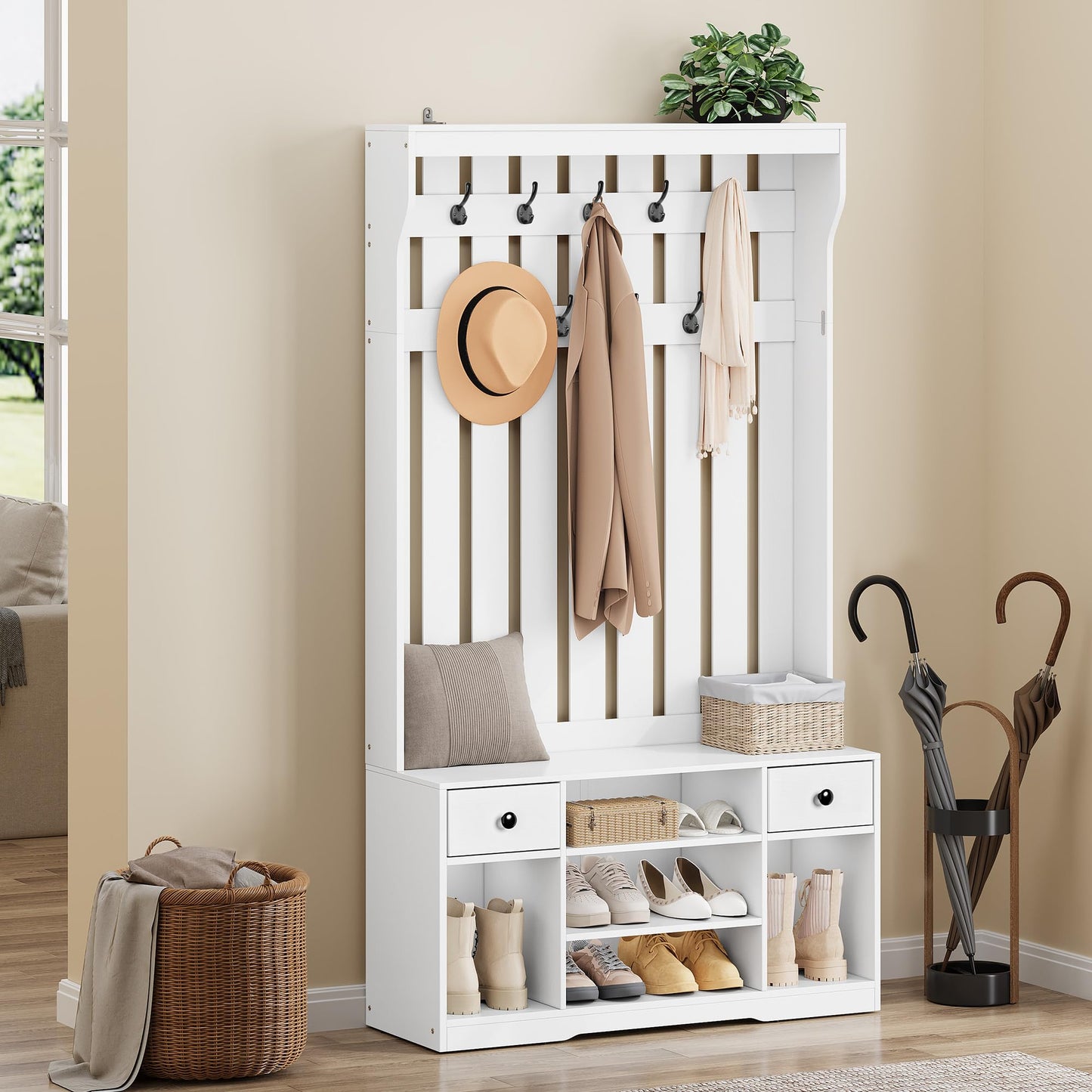 YITAHOME Coat Stand with Shoe Rack, 100cm Clothes Rack 9 Hooks 2 Drawers