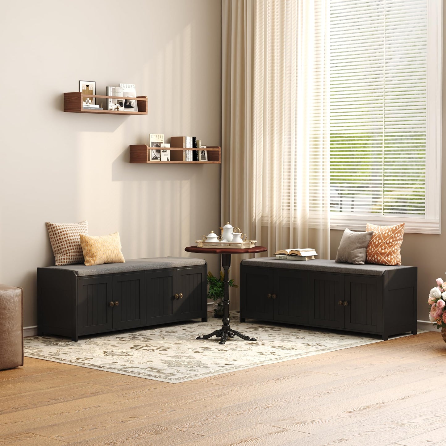 HOME BI Shoe Storage Bench with Cushion, 4 Door Entryway Bench with Padded Seat, 2-Tier Shoe Organizer with Adjustable Shelves