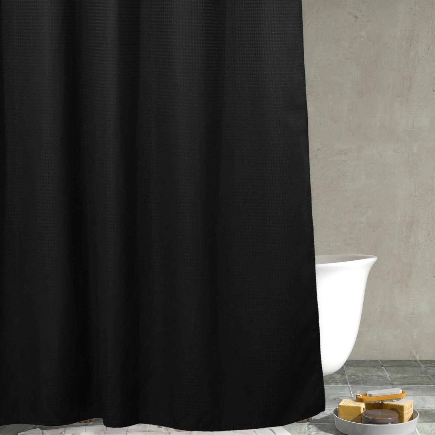 Popkozzi Black Waffle Weave Shower Curtain: Heavy Duty Textured Fabric Shower Curtain for Bathroom - Water Repellent Washable Thick Polyester Cloth