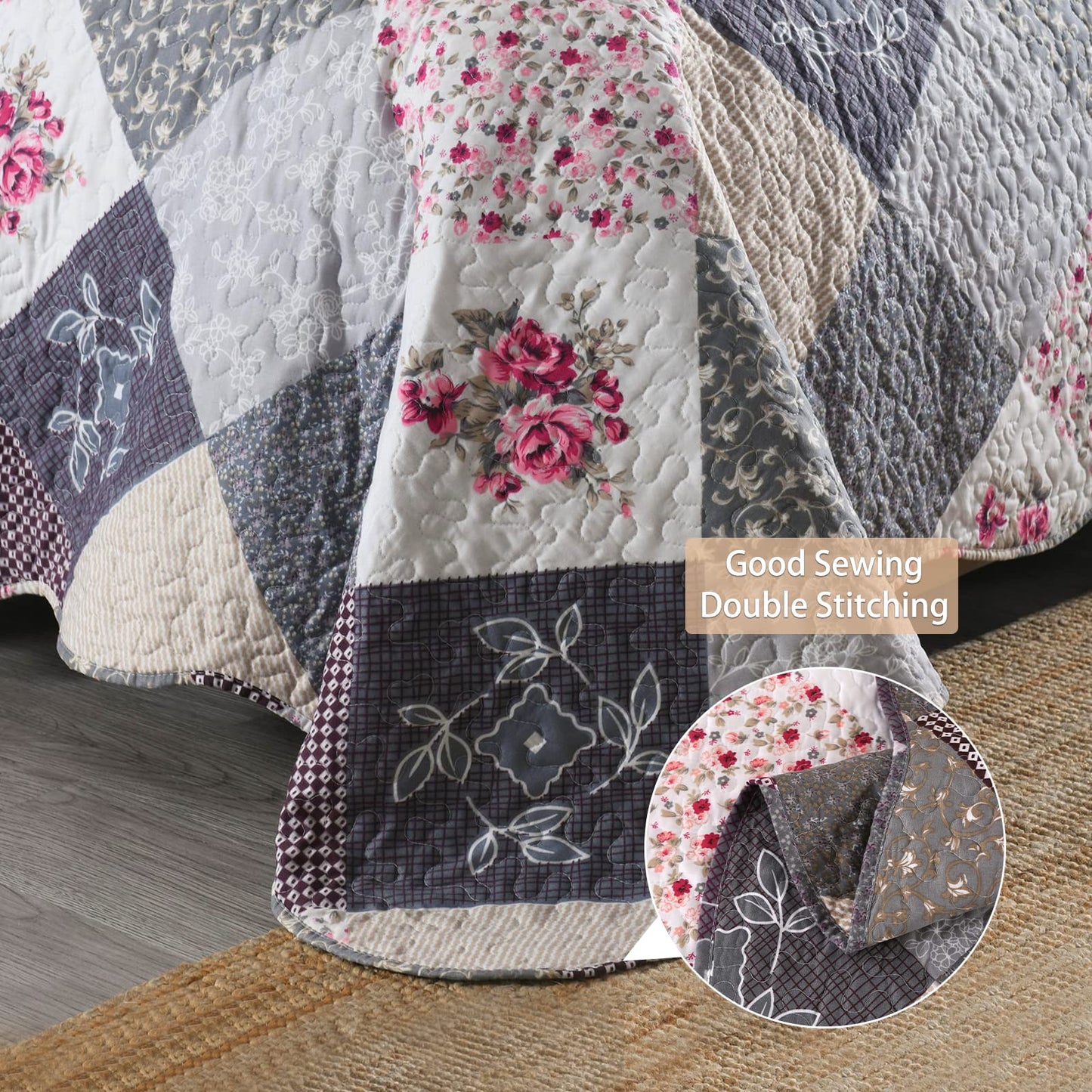 Qucover Bedspread Super King Size Lightweight Soft Microfiber Reversible Patchwork Quilted Bedspread, Elegant Rose Floral and Grey Checked Pattern