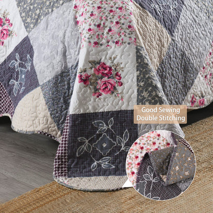 Qucover Bedspread Super King Size Lightweight Soft Microfiber Reversible Patchwork Quilted Bedspread, Elegant Rose Floral and Grey Checked Pattern