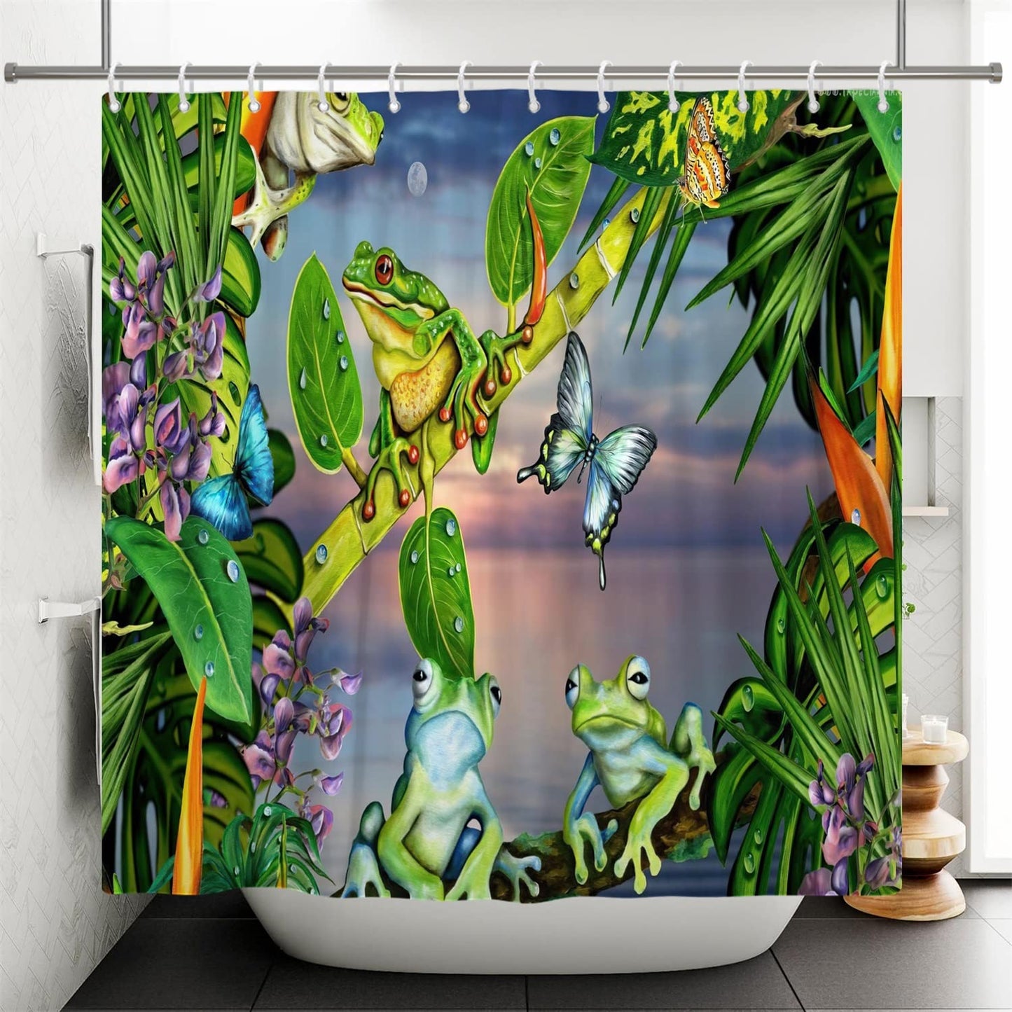 SDOTPMT 90x183cm Frog Shower Curtain Butterfly Cute Funny Animal Green Plant Leaves Flower Bath Curtain Summer Forest Natural Scenery Bathtub Curtain