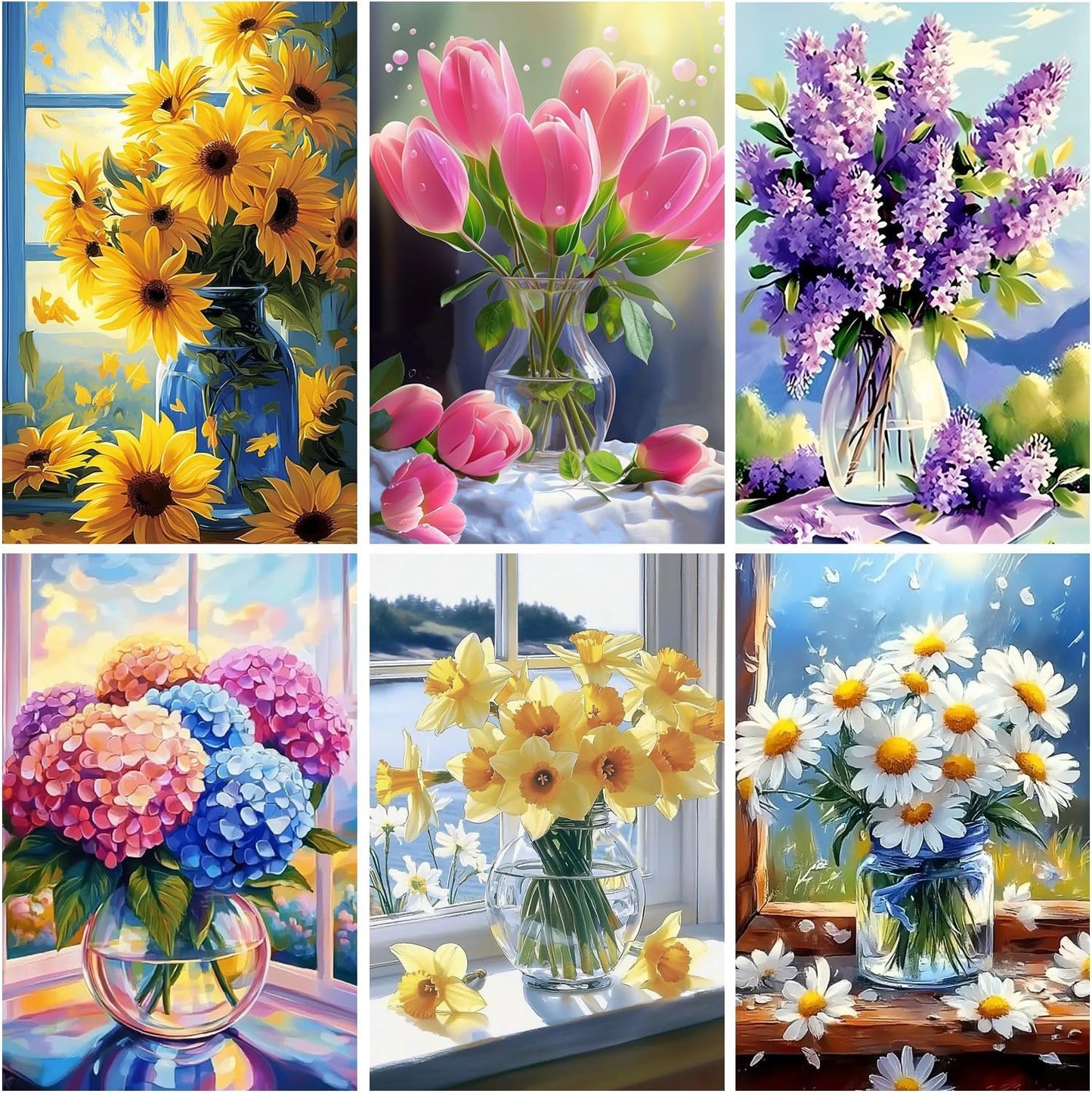 6 Pack 5D Diamond Painting Kits for Adults,Flowers Diamond Art Kits for Adults Beginners of All Ages, Round Full Drill Arts and Crafts Gems Home Wall