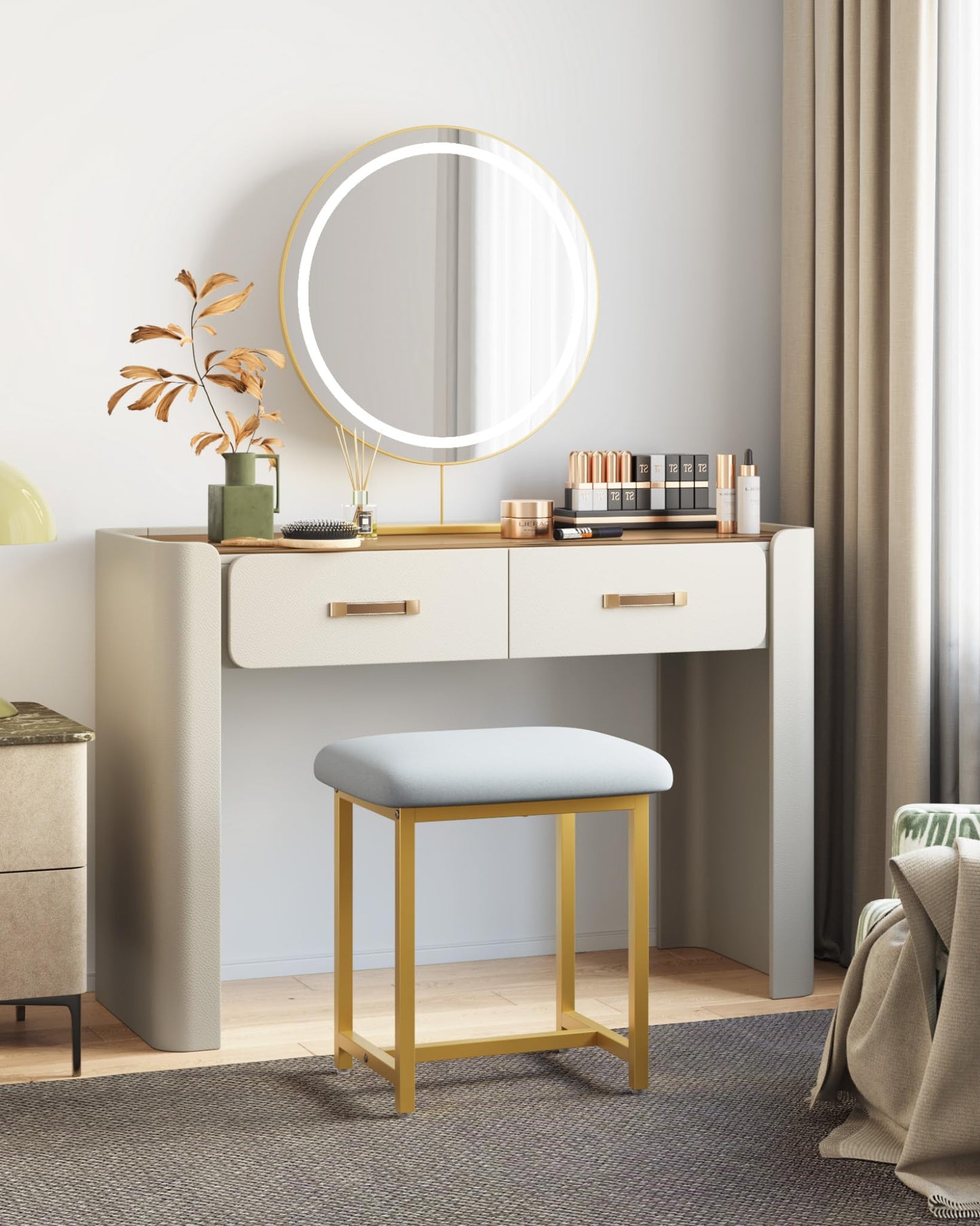 Mondeer Dressing Table Stool, Foot Stool with Gold Legs, White Soft Padded Vanity Stool for Bedroom Modern Style, 41 x 30 x 45cm