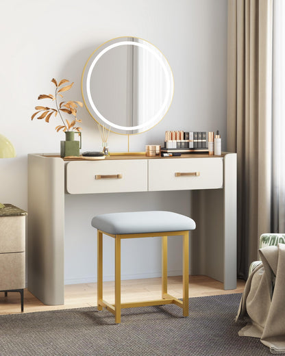 Mondeer Dressing Table Stool, Foot Stool with Gold Legs, White Soft Padded Vanity Stool for Bedroom Modern Style, 41 x 30 x 45cm