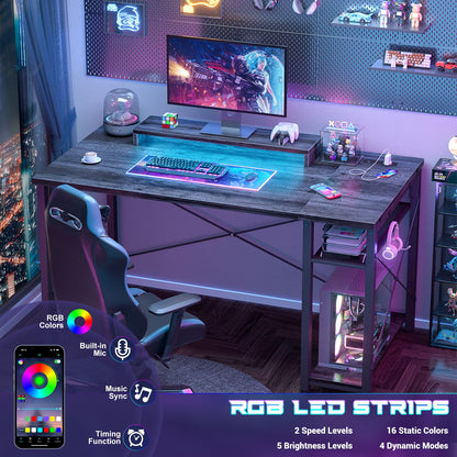 iSunirm Gaming Desk with LED Lights & Power Outlet, Reversible Computer Desk with Moveable Monitor Stand