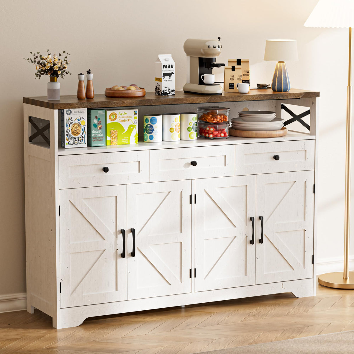 BonVache Sideboards Cabinet with Power Outlets,Wooden Storage Sideboard with Adjustable Shelf,3 Drawers and Open Shelf,Buffet Cupboard for Living