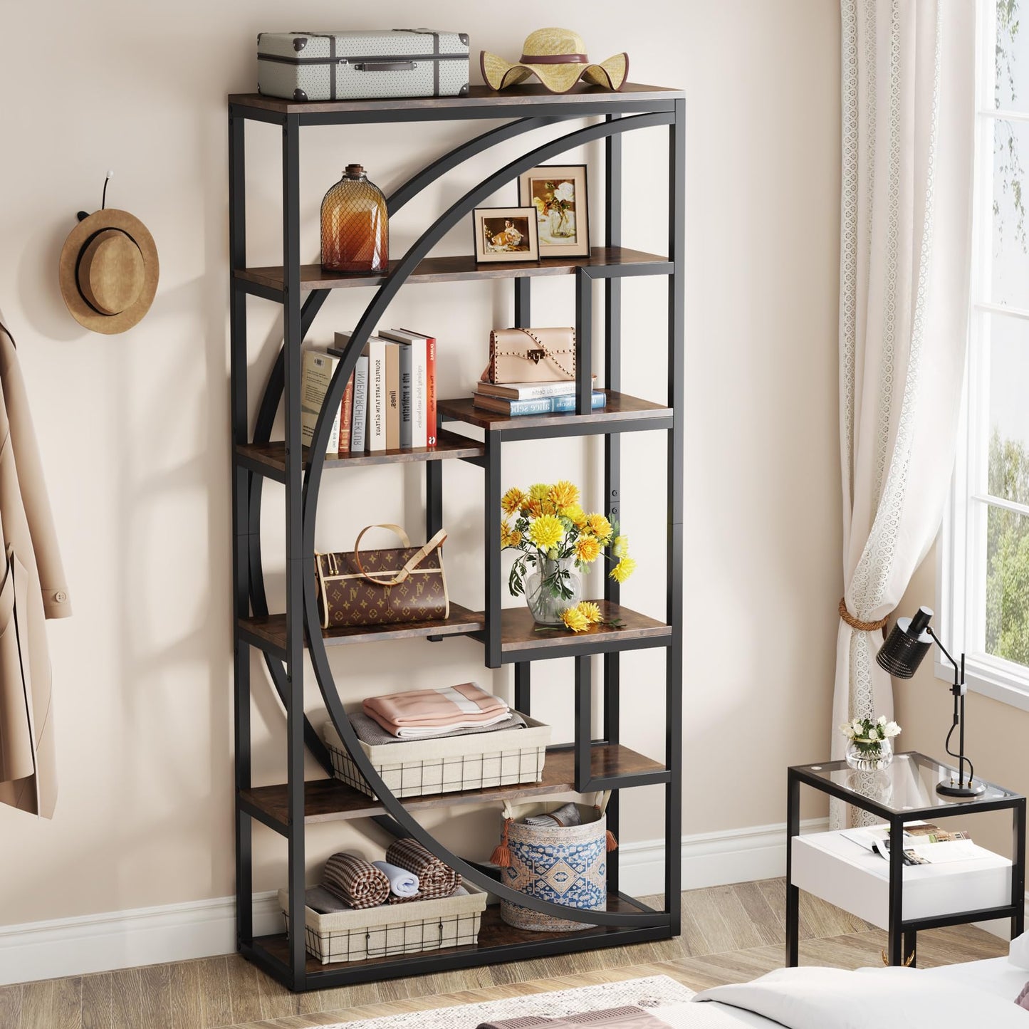 Tribesigns Industrial Bookcase 180 cm Height - 5-Tier Vintage Brown Shelf with 8 Open Compartments, Sturdy Shelf Unit for Living Room / Home Office