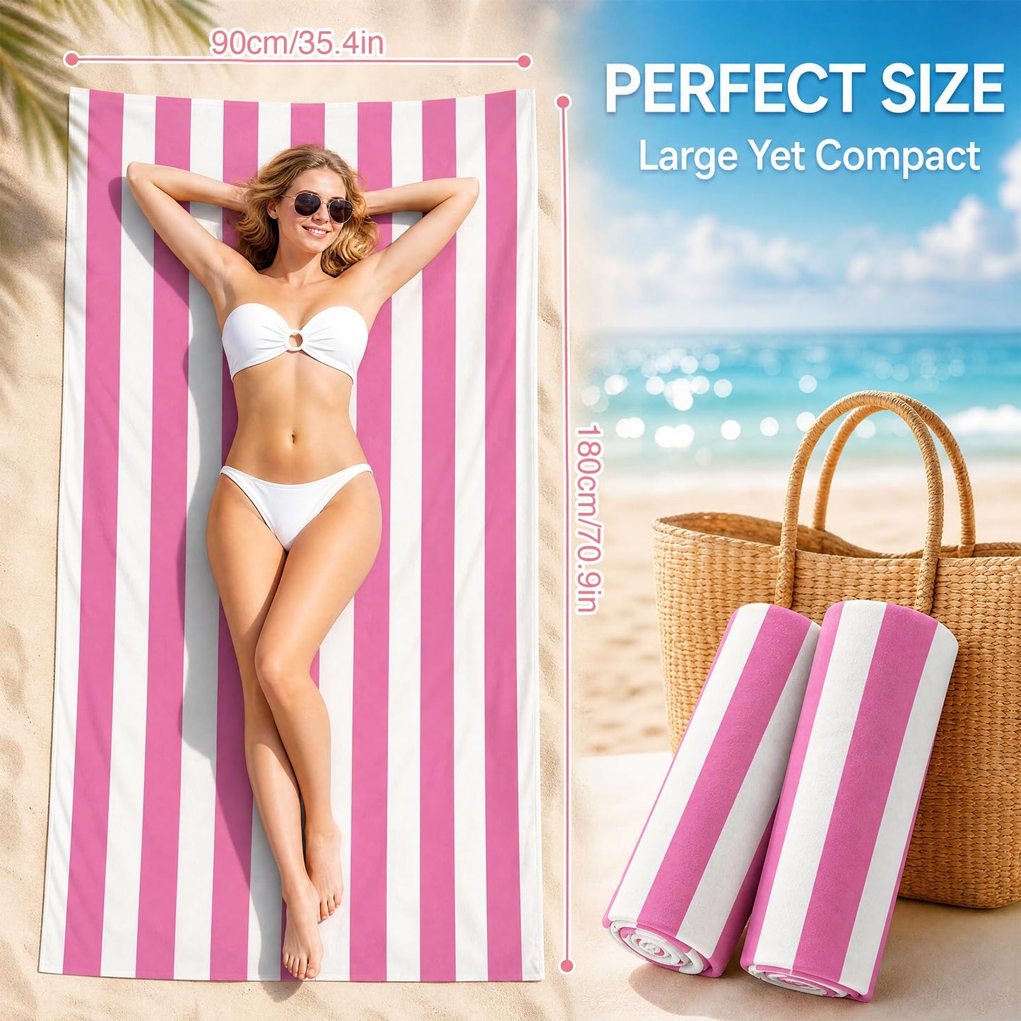 FunnAura Microfibre Beach Towel – 180x90cm Large Quick Dry & Sand Free Towel for Adults, Lightweight Compact Travel Beach Towel (Pink, 1PCS)