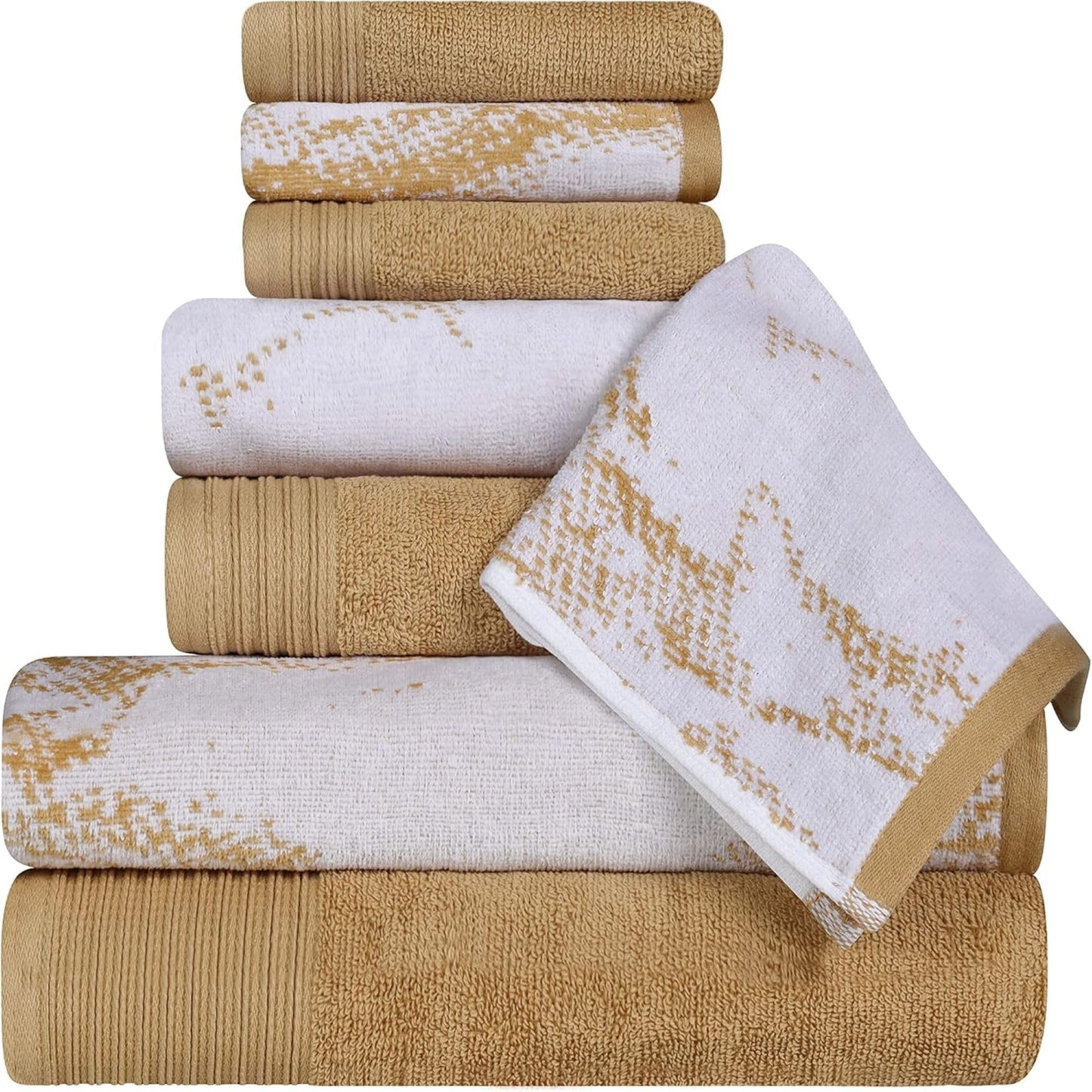 Superior Cotton 8 Piece Assorted Solid and Marble Towel Set, Includes 2 Bath, 2 Hand, 4 Washcloths/Face Towels, Soft, Absorbent, Decorative Bathroom