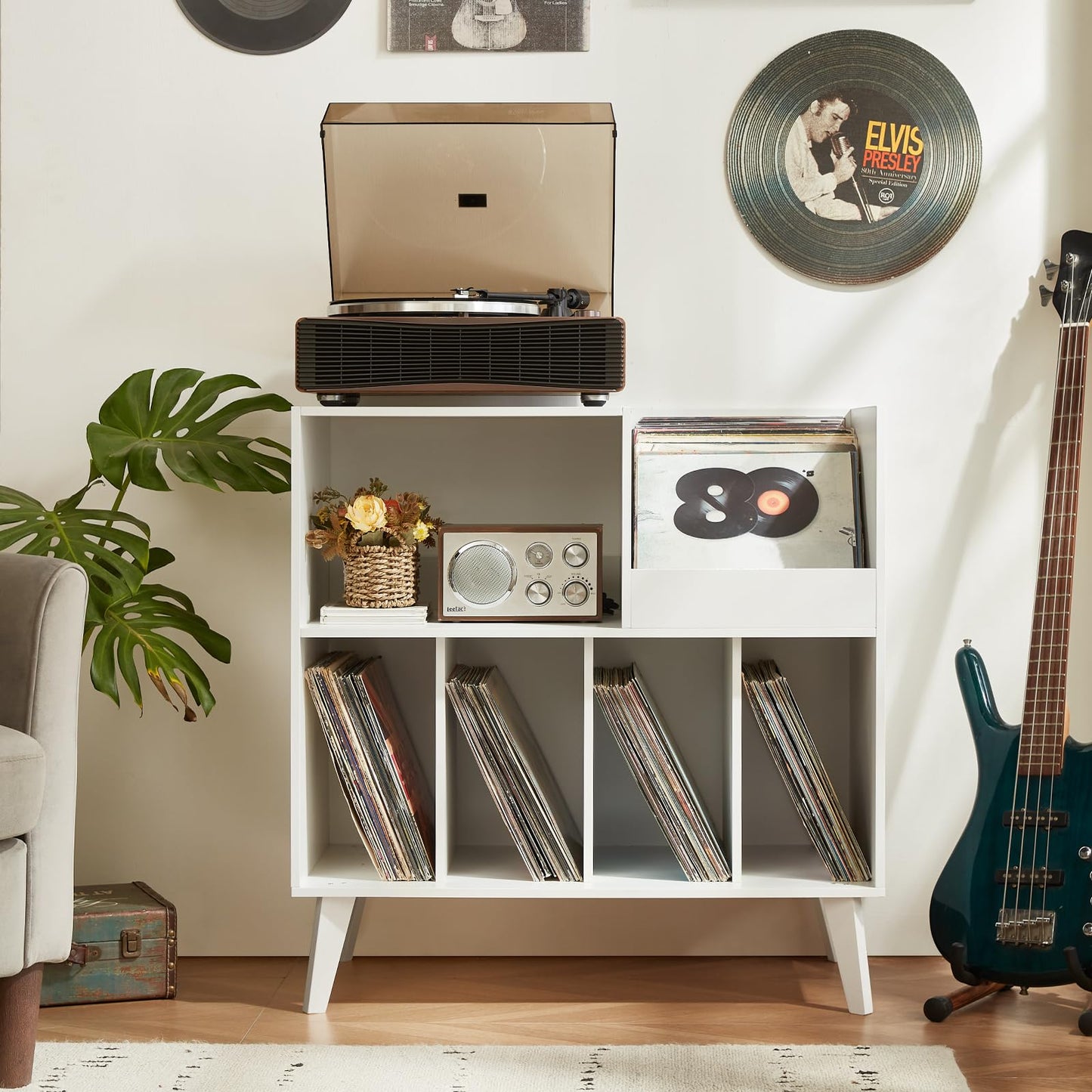 LELELINKY Large Vinyl Record Stand with 4 Shelves, Retro Style Turntable Stand for Up to 300 Albums, Record Player Stand with Shelf and Open Display