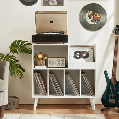 LELELINKY Large Vinyl Record Stand with 4 Shelves, Retro Style Turntable Stand for Up to 300 Albums, Record Player Stand with Shelf and Open Display