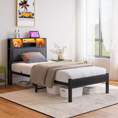 MUZERUL 3ft Single Bed Frame with Storage Shelf Upholstered Headboard, Heavy Duty Platform Bed Frame, Metal Bed with Charging Station and LED Lights