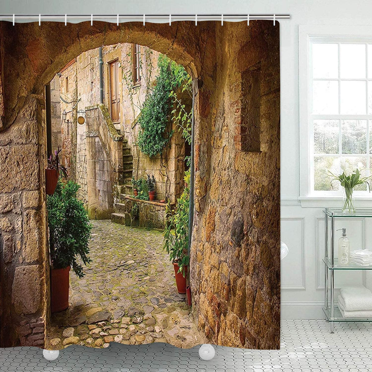 Abaysto Shower Curtain Landscape from Another Door Antique Stone Village Tuscany Italian Valley Scenery Decor Waterproof Fabric Bathroom Bathtub