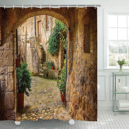 Abaysto Shower Curtain Landscape from Another Door Antique Stone Village Tuscany Italian Valley Scenery Decor Waterproof Fabric Bathroom Bathtub