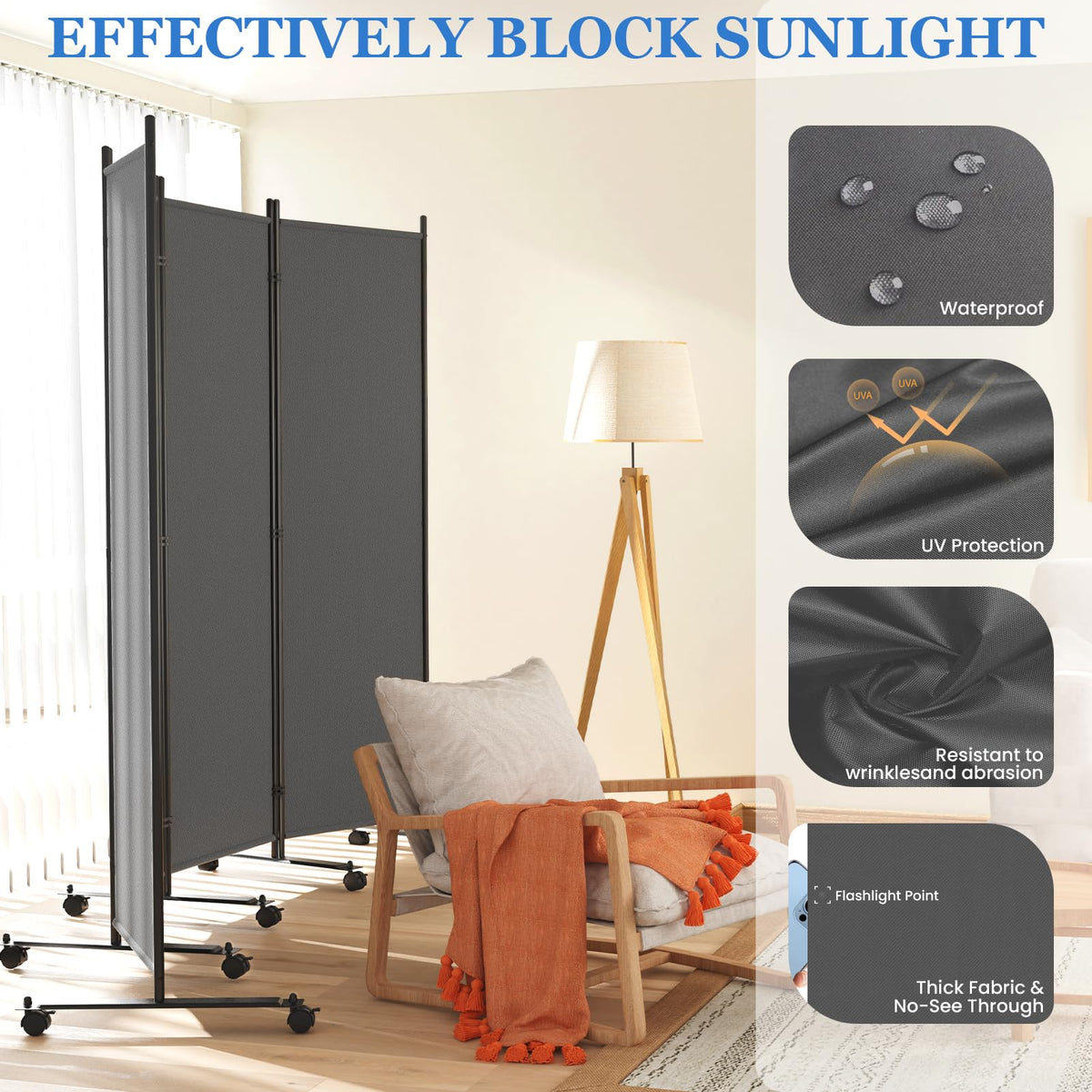 6 Panel Room Divider 183CM Folding Privacy Screens with Lockable Wheels
