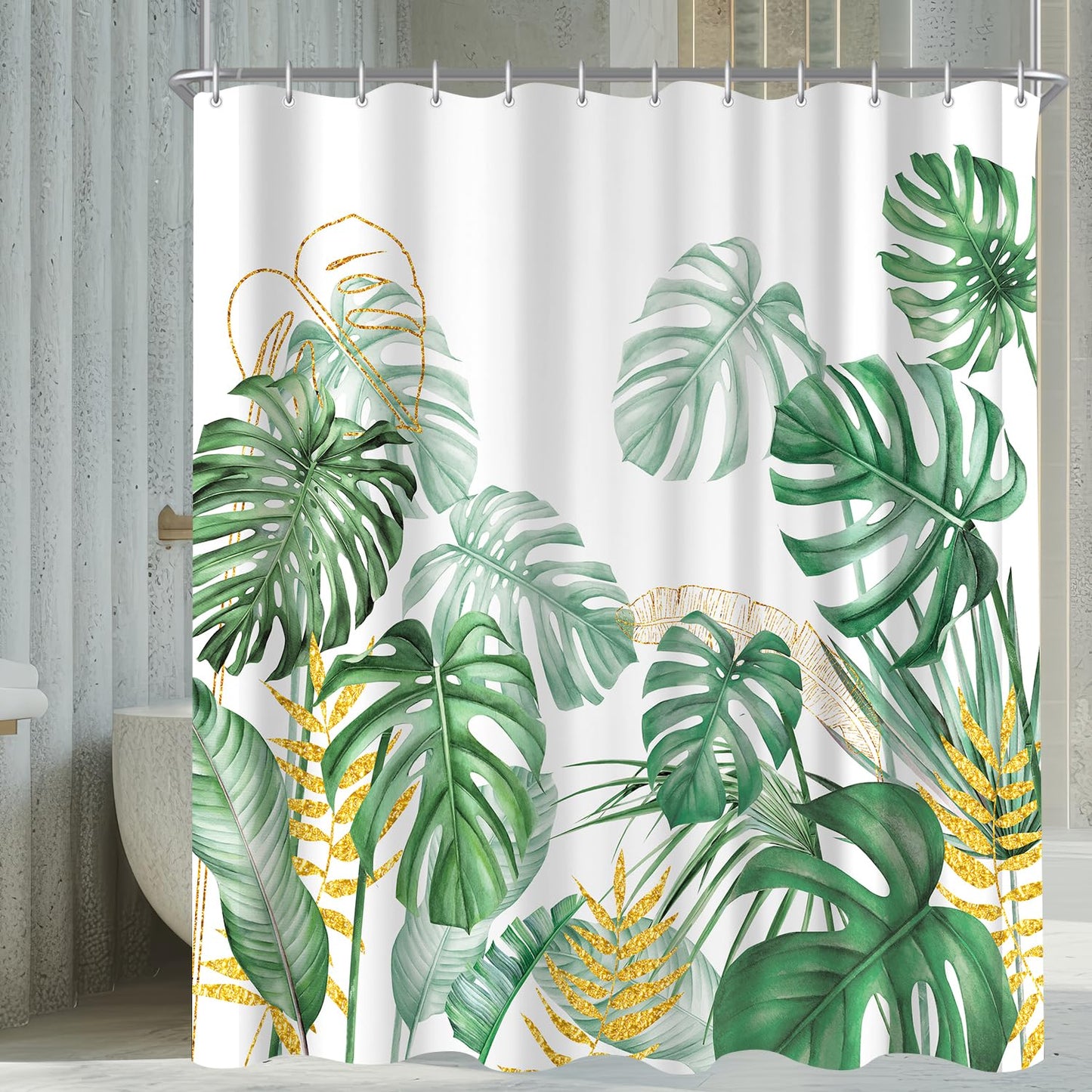 Shower Curtain, 120 x 180 cm, Golden Edged Bamboo Leaves Motif, Weighted Hem, Anti-Mould, Water-Repellent