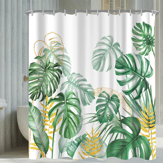 Shower Curtain, 120 x 200 cm, Golden Edged Bamboo Leaves Motif, Weighted Hem, Anti-Mould, Water-Repellent, Washable Polyester Bath Curtains with 12