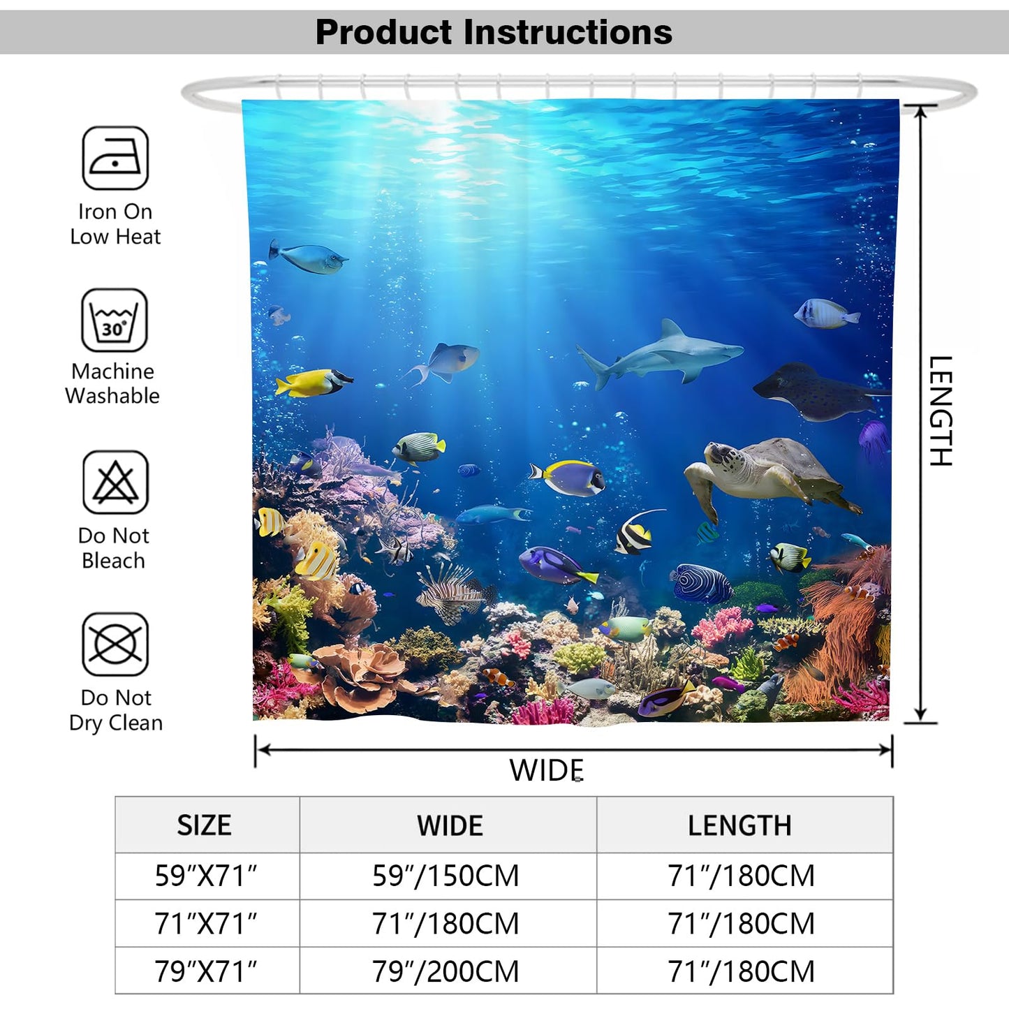 Summer Fish Shower Curtain for Men, Ocean Underwater World Blue Waterproof Bath Curtains, Quick Dry Sea Turtles Decorate Women Bathtub Curtains