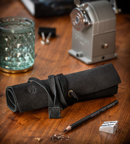 Angus Stoke Leather Roll Bag (Black) - Handmade Leather Case for Pens, Brushes and Accessories, 4 Compartments, Leonardo