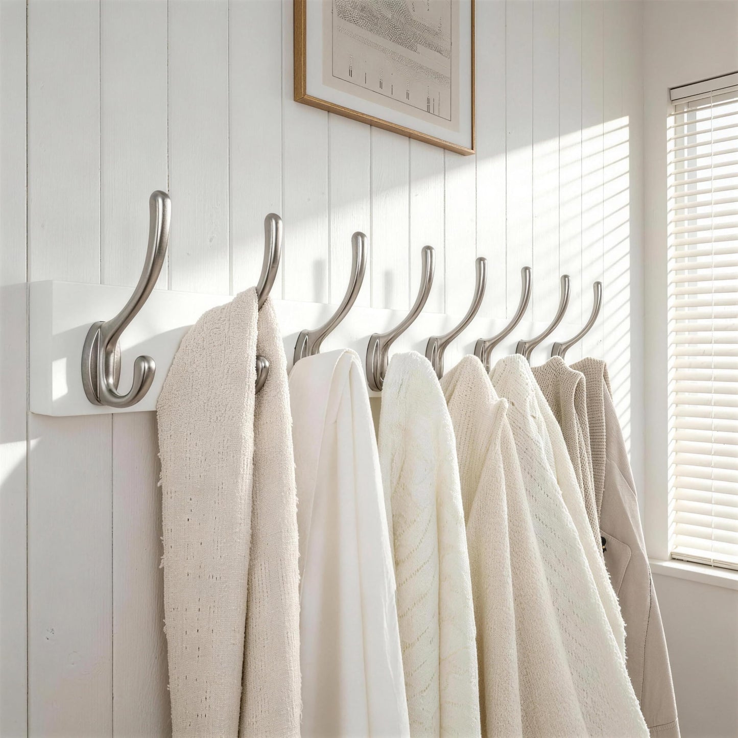 HONSKY Wall Coat Rack - 8 Double Hooks (56cm) | Wooden & Metal Towel/Coat Hanger for Entryway, Bathroom, Bedroom, Garage | Easy Install