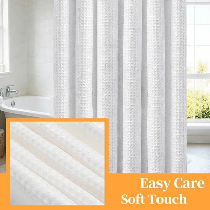 MospdyGear Water and Mould Proof Shower Curtain, White Waffle Weave Machine Washable 180x180cm with Hooks, Easy Clean Bathroom Decor