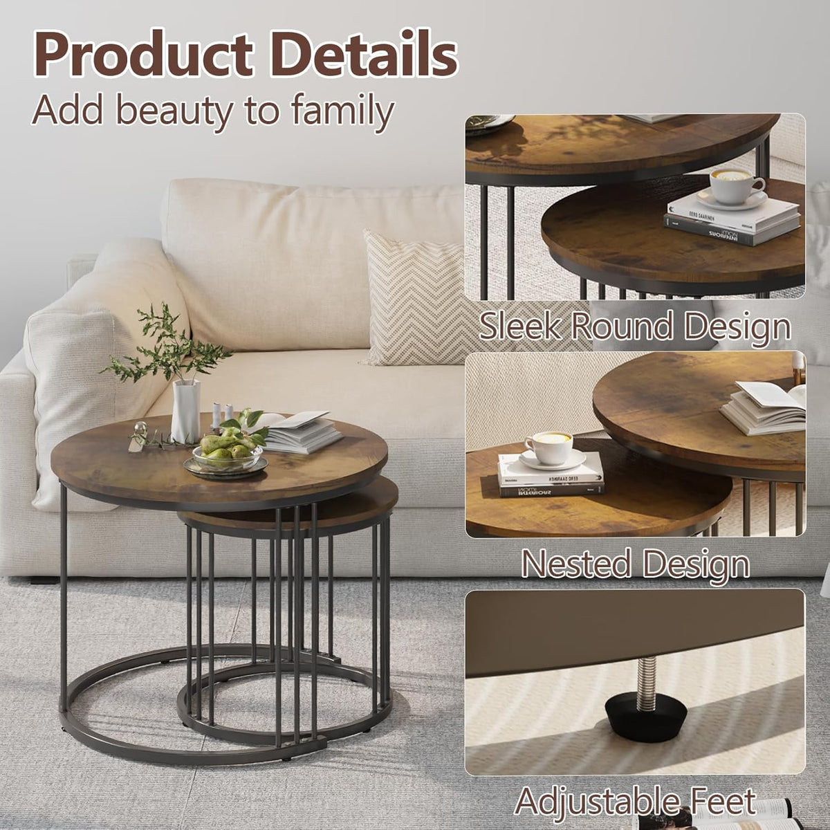Huhote Round Coffee Tables, Set of 2 End Table, Nesting Tables, Side Table with Metal Frame for Living Room/Bedroom/Balcony/Office/Apartment