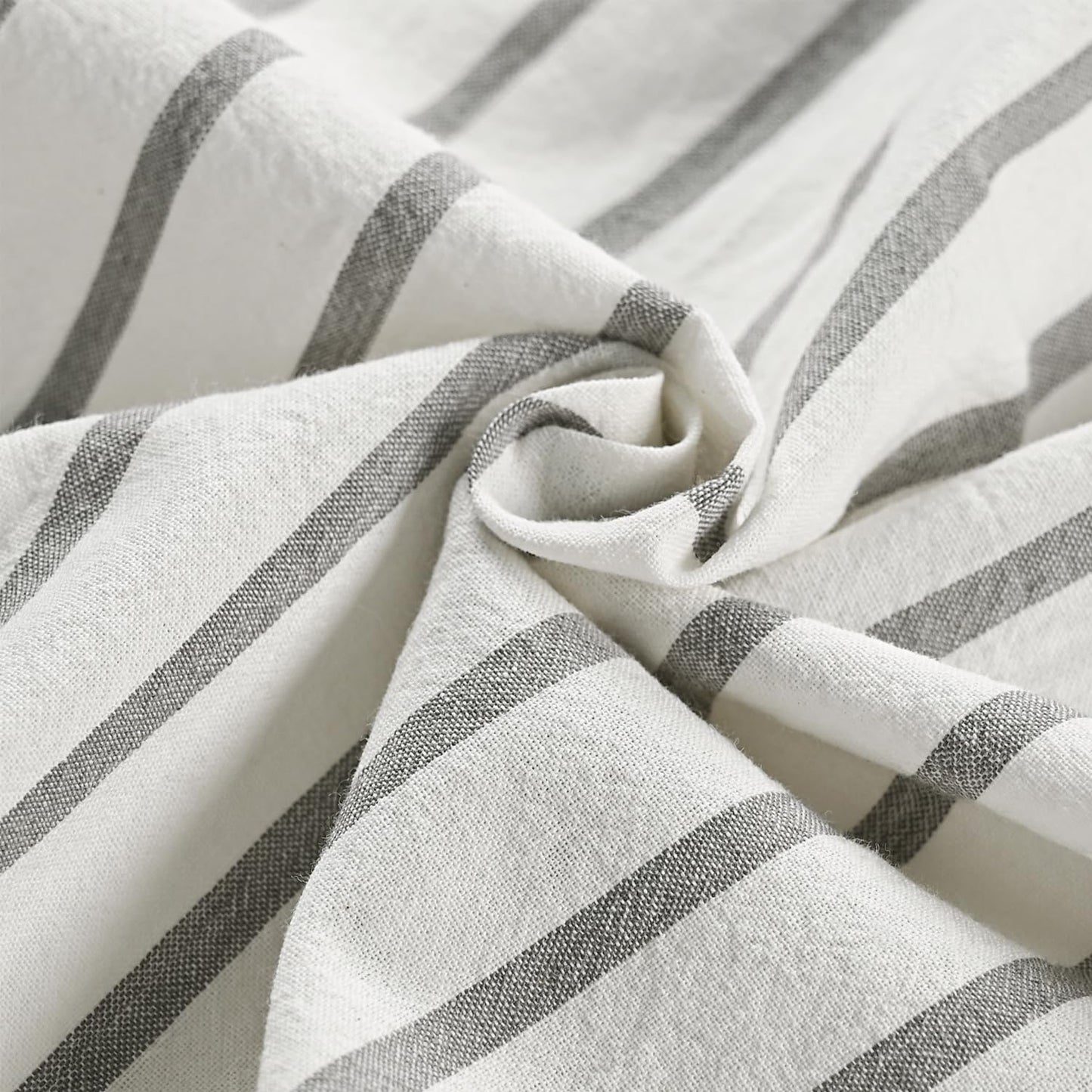 DOSLY IDÉES Linen-Cotton Shower Curtain, Country Style, Grey Striped, Buttons, Woven Fabric, Pleated, 180 x 180 cm