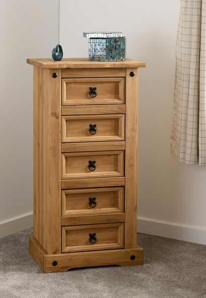 Seconique Corona 5 Drawer Narrow Chest in Distressed Waxed Pine