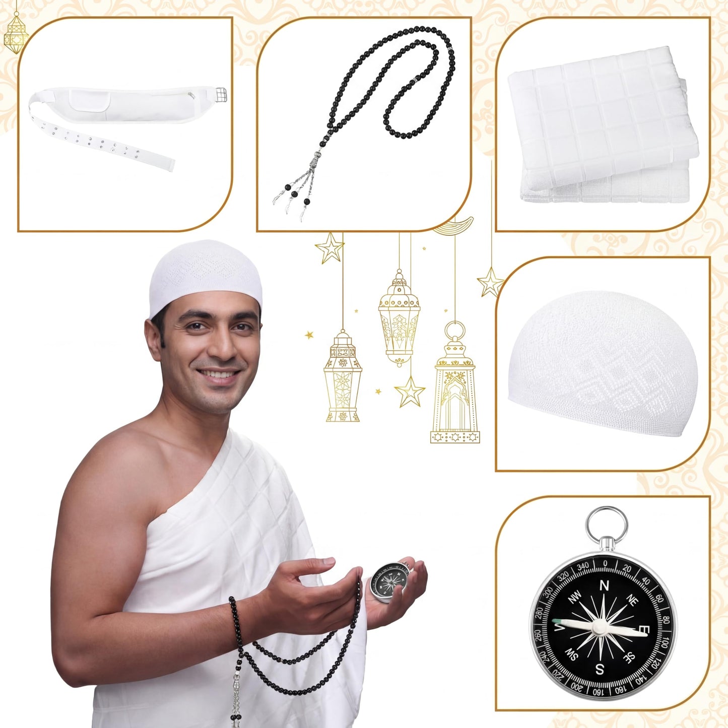 Namalu Islamic Men's Ihram Set Includes 1 Set of 2 Pcs Seamless Hajj Towel 110 x 210cm Ahram 1 Ihram Belt Waist Packs 1 Kufi hat 1 Tawaf Prayer Beads