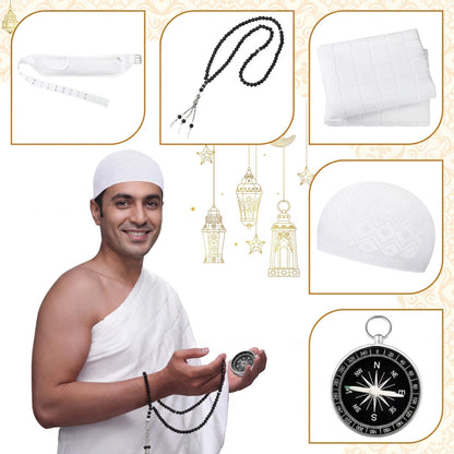 Namalu Islamic Men's Ihram Set Includes 1 Set of 2 Pcs Seamless Hajj Towel 110 x 210cm Ahram 1 Ihram Belt Waist Packs 1 Kufi hat 1 Tawaf Prayer Beads