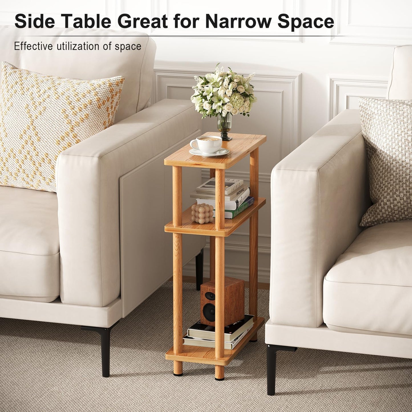 APICIZON Narrow Side Table, Slim Small Table, 3 Tier End Table Living Room, 40x18x61.5cm, Modern Thin Side Table for Living Room, Bedroom, Sofa