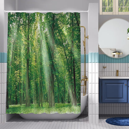 Simpomsy Green Forest Shower Curtain, Green Jungle Tall Trees Sunshine Shower Curtains, Nature Landscape 3D Scenery Bathroom Curtains