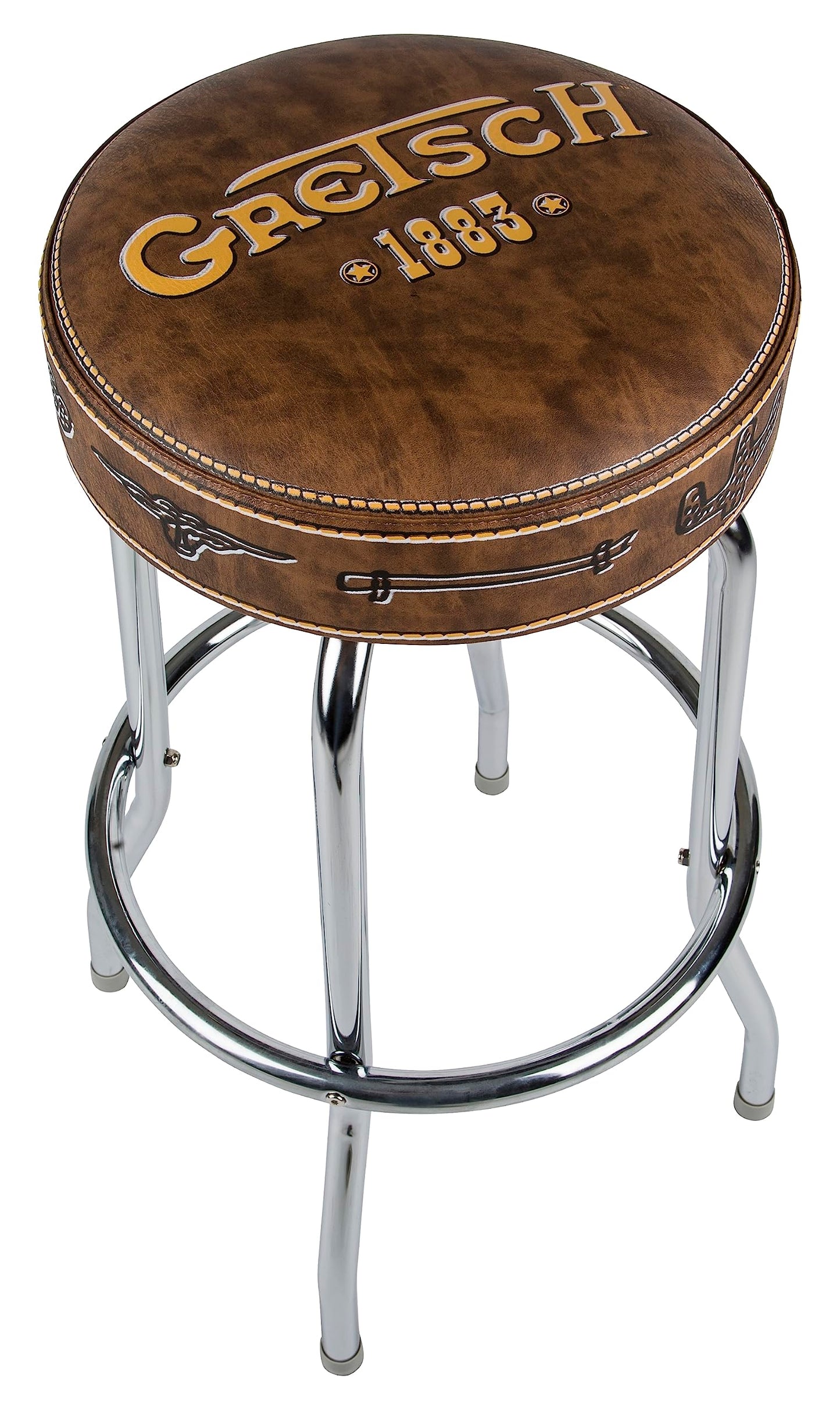 Gretsch "1883" Barstool, Perfect for Guitar Players and Fans, Matte Yellow Gretsch Logo Barstool, Foam Padded, 30", Brown